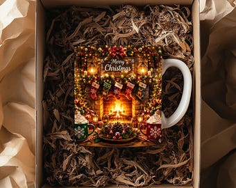 May include: A white ceramic mug featuring a printed scene of a fireplace with stockings, Christmas decorations, and the text Merry Christmas. The mug is placed inside a cardboard box filled with brown paper filler, showing two small mugs nearby.