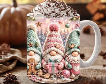 May include: A white ceramic mug featuring a festive illustration of three gnomes wearing knit hats, surrounded by gingerbread cookies, a gift box, and a candy cane, topped with a generous swirl of whipped cream sprinkled with chocolate shavings.