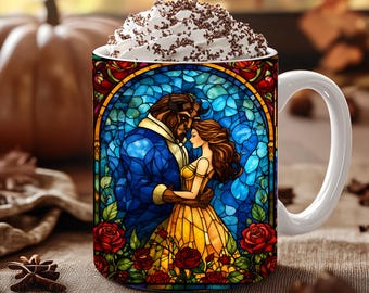 May include: A white ceramic mug featuring a stained-glass style illustration of a brown-furred beast and a woman in a yellow dress dancing. The design includes red roses and a blue background, topped with a generous swirl of whipped cream and chocolate.