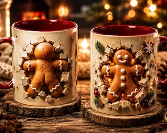 May include: Two ceramic mugs with a cream-colored exterior and a deep red interior. Each mug features a three-dimensional gingerbread man design appearing to break through the surface, accented with white icing details and small lights.