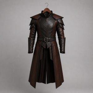 Puede incluir: Un abrigo de cuero marr&oacute;n oscuro de manga larga con hombreras estructuradas, cuello alto y cintur&oacute;n con hebilla met&aacute;lica. La prenda presenta un dise&ntilde;o de paneles superpuestos con un dobladillo frontal dividido, colgado en una percha.
