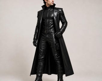 Disfraz gótico de cuero negro para hombre / Gabardina/Chaqueta a medida / Traje de guerrero para Halloween