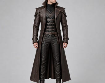 Gabardina de cuero marrón para hombre, disfraz gótico steampunk, atuendo de fantasía medieval.