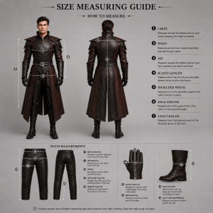Puede incluir: Una gu&iacute;a de tallas para un conjunto de disfraz de cuero marr&oacute;n oscuro y negro, que incluye un abrigo largo, pantalones, guantes y botas. El gr&aacute;fico muestra vistas frontales y traseras con flechas numeradas que indican los puntos de medici&oacute;n para pecho, cintura, cadera, manga, hombro, espalda, largo del abrigo, costura exterior, entrepierna, guante y pantorrilla.