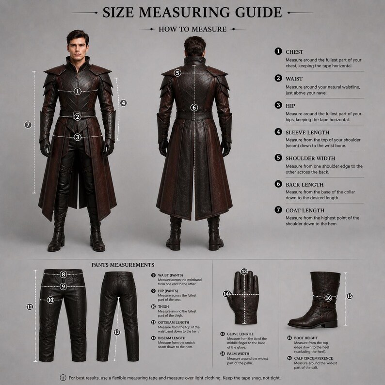 Puede incluir: Una gu&iacute;a de tallas para un conjunto de disfraz de cuero marr&oacute;n oscuro y negro, que incluye un abrigo largo, pantalones, guantes y botas. El gr&aacute;fico muestra vistas frontales y traseras con flechas numeradas que indican los puntos de medici&oacute;n para pecho, cintura, cadera, manga, hombro, espalda, largo del abrigo, costura exterior, entrepierna, guante y pantorrilla.