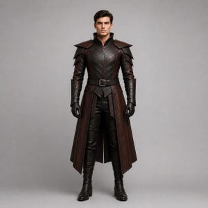 Puede incluir: Un abrigo de cuero marr&oacute;n oscuro con hombreras estructuradas, cuello alto y cintur&oacute;n con hebilla. La prenda se combina con pantalones de cuero negro, guantes a juego y botas altas, creando un conjunto coherente y de varias capas.