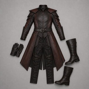 Puede incluir: Un conjunto de disfraz de piel sint&eacute;tica texturizada en marr&oacute;n oscuro y negro que incluye un abrigo de manga larga con hombros estructurados y cintur&oacute;n, pantalones ajustados a juego con correas, un par de guantes y dos botas.