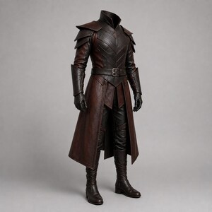 Puede incluir: Un conjunto de disfraz de textura de cuero en marr&oacute;n oscuro y negro que incluye un abrigo largo con hombreras estructuradas, cuello alto y un cintur&oacute;n con hebilla. El atuendo incluye pantalones ajustados a juego, guanteletes y botas altas.