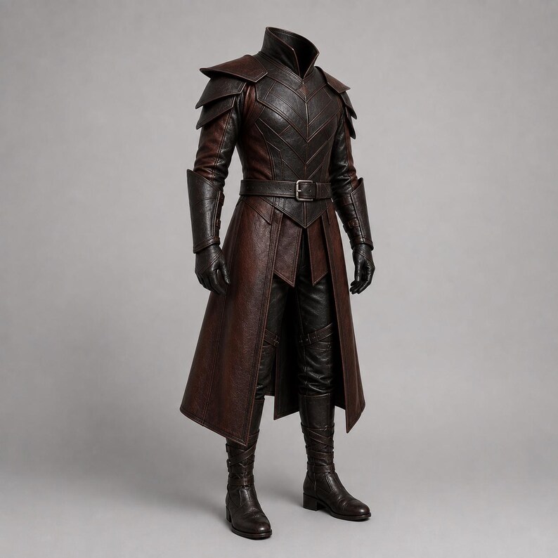Puede incluir: Un conjunto de disfraz de textura de cuero en marr&oacute;n oscuro y negro que incluye un abrigo largo con hombreras estructuradas, cuello alto y un cintur&oacute;n con hebilla. El atuendo incluye pantalones ajustados a juego, guanteletes y botas altas.