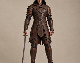 Disfraz de guerrero de cuero marrón oscuro, conjunto de armadura de asesino medieval, ajuste a medida.