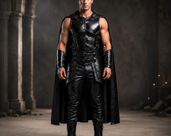 Disfraz de guerrero de cuero negro para hombre / Capa de armadura de gladiador medieval / Disfraz gótico para LARP / Traje de Halloween