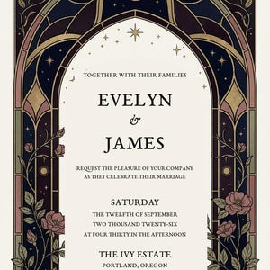 Puede incluir: Una tarjeta de invitación de boda con un marco arqueado y motivos florales en azul oscuro, dorado y rosa apagado. El texto dice: Together with their families, Evelyn and James request the pleasure of your company as they celebrate their marriage.