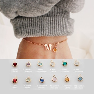 May include: A gold chain bracelet with a charm that has the letter "M" and a small, round, orange gemstone. The bracelet is shown on a person's wrist. Below the bracelet are twelve small charms, each with a different colored gemstone and a corresponding month and birthstone name.