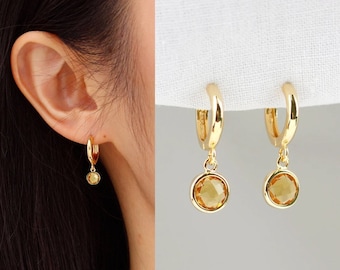November Birthstone Earring in Sterling Silver, Citine Earrings, Personalized Birthstone Jewelry, Dainty Hoop Earring, Gift for Her