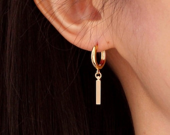Gold Tiny Bar Drop Earring in Sterling Silver, Dangle Stick Earrings, Minimalist Dainty Bar Earrings, Gold Bar Huggie Hoops, Gift for Her