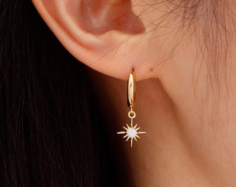 cz diamonds gold mini hoops cubic zirconia stones Opal huggie hoops earrings with opal starburst charms Christmas gift Celestial stars 