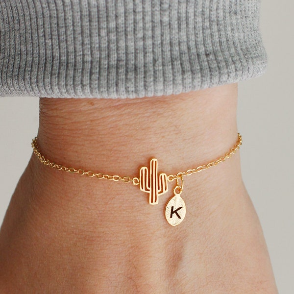 Personalized gift for her, Best friend Bracelet with initial, Best friend birthday gift, Dainty Cactus Bracelet, Friendship Bracelet