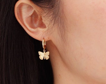 Gold Butterfly Drop Earring in Sterling Silver, Delicate Butterfly Huggie Hoops, Dainty Jewelry for Daily, Gift for Her