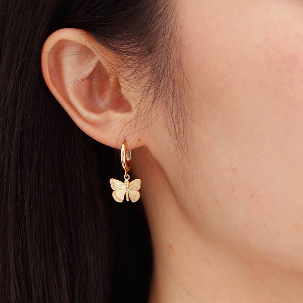 Gold Butterfly Drop Earring in Sterling Silver, Delicate Butterfly Huggie Hoops, Dainty Jewelry for Daily, Gift for Her
