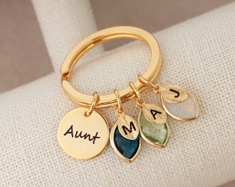 Aunt keychain with Birthstone, keychain for Aunt, Auntie Gifts, Custom keychain, engraved keychain, personalized keychain, leaf initial