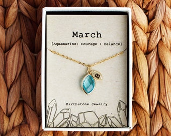 March Birthstone Necklace, Personalized  Necklace, Custom Initial Necklace, Initial  leaf, March Birthday Gift, Aquamarine Necklace,Mar-3