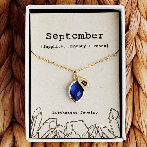 September Birthstone Necklace Initial Necklace Birthstone Etsy