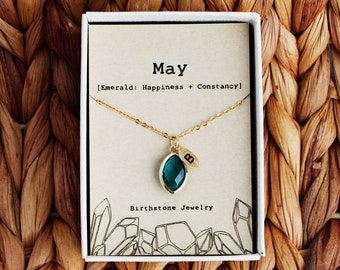 May Birthstone Necklace, Personalized  Necklace, Custom Initial Necklace, Initial  leaf, May Birthday Gift, Emerald Necklace,May-5