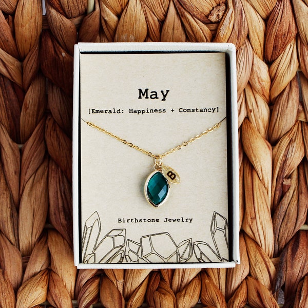 May Birthstone Necklace, Personalized  Necklace, Custom Initial Necklace, Initial  leaf, May Birthday Gift, Emerald Necklace,May-5