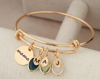 Personalized mama bracelet, Leaf Initial Charm, Birthstone Bangle, Birthstone Bracelet for mom, Mom Gift, mother bracelet, mama