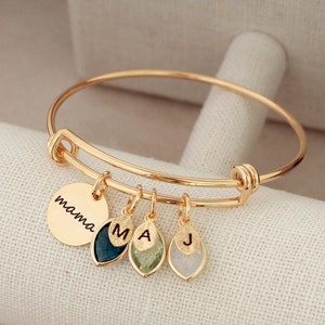 Personalized mama bracelet, Leaf Initial Charm, Birthstone Bangle, Birthstone Bracelet for mom, Mom Gift, mother bracelet, mama