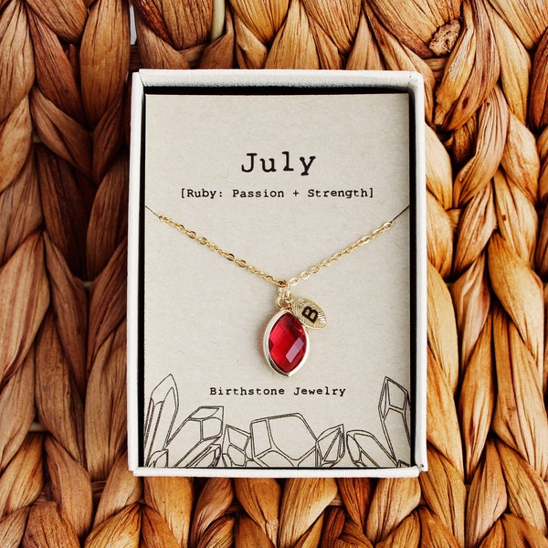 July Birthstone Necklace, Personalized  Necklace, Custom Initial Necklace, Initial  leaf, July Birthday Gift, Ruby Necklace,Jul-7