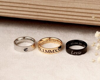 Boyfriend Gift - Engraved Name Rings - Couples Rings Black - Custom Rings Both Sides Engraveable - Valentines Gifts for Him