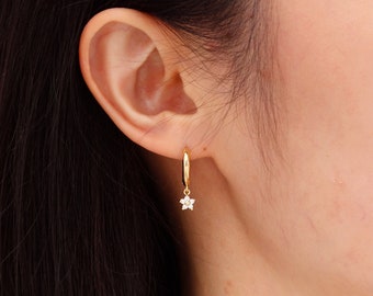 Dainty Flower Dangle Hoop Earring in Sterling Silver, Gold Flower CZ Huggie Hoops, Tiny Flower Charm Earrings, Minimalist Hoops, Friend Gift