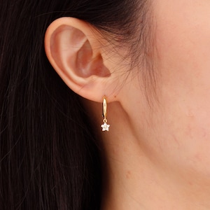 Dainty Flower Dangle Hoop Earring in Sterling Silver, Gold Flower CZ Huggie Hoops, Tiny Flower Charm Earrings, Minimalist Hoops, Friend Gift