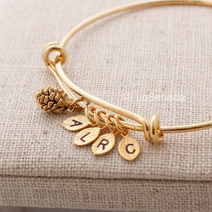 Könnte beinhalten: Goldenes Armreif-Armband mit einem Tannenzapfen-Anhänger und vier Buchstaben-Anhängern, die "ALRG" buchstabieren.