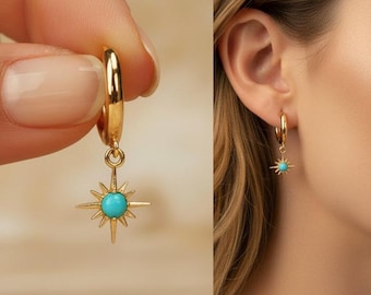 Dainty Earrings, Turquoise Star Earrings, Gold Huggie Hoops, Star Dangle Earrings, Celestial Earrings, Birthday Gift for Her