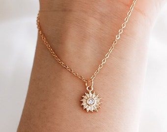 Gold Sun Necklace, Crystal Sunshine Necklace, Celestial Necklace, Tiny Sun Necklace, Dainty Jewelry, Best Friend Gift, Gift for Women