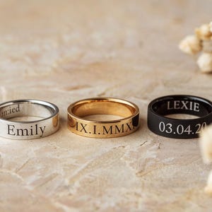 Boyfriend Gift - Engraved Name Rings - Couples Rings Black - Custom Rings Both Sides Engraveable - Valentines Gifts for Him