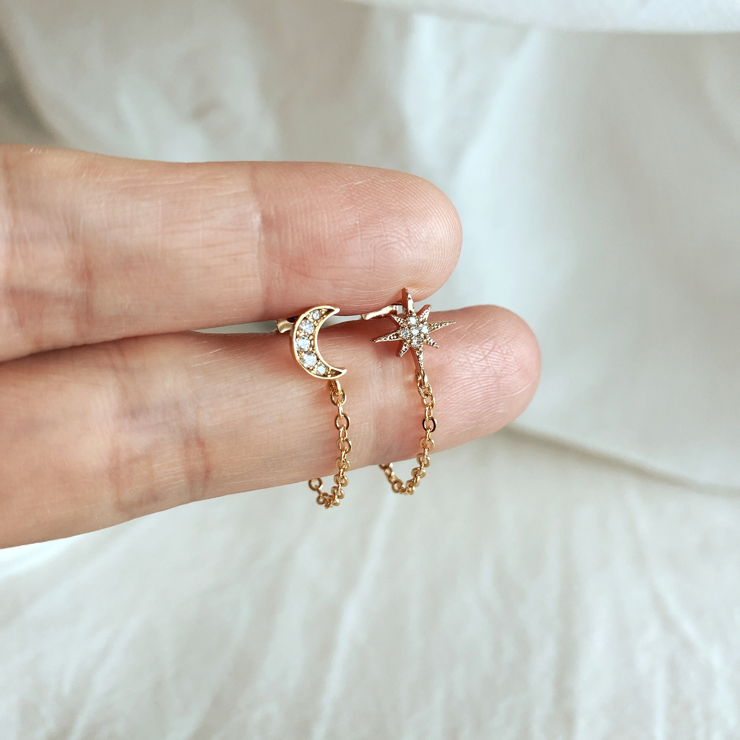 Moon and star chain earrings discount