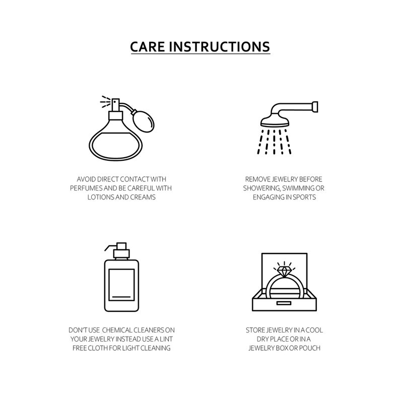 May include: Black and white line art illustrations of jewelry care instructions. The illustrations show a perfume bottle, a shower head, a bottle of lotion, and a ring in a box. The text reads: "Avoid direct contact with perfumes and be careful with lotions and creams", "Remove jewelry before showering, swimming or engaging in sports", "Don't use chemical cleaners on your jewelry instead use a lint free cloth for light cleaning", and "Store jewelry in a cool dry place or in a jewelry box or pouch".