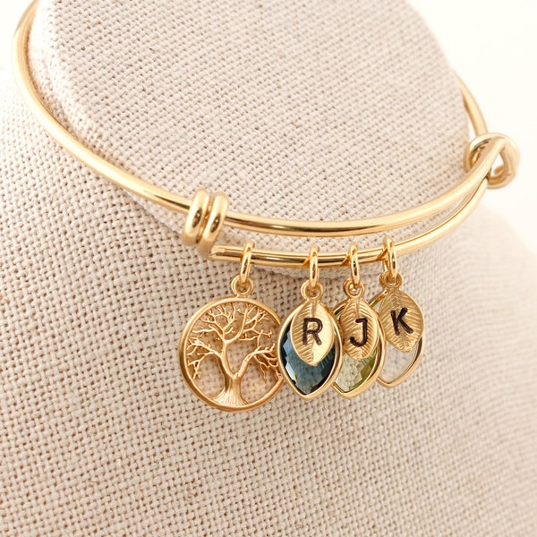 family tree bracelet, Leaf Initial Charm, Mother Bracelet, Mommy Bracelet, Custom Initial Personalized Birthstone Mother’s Day