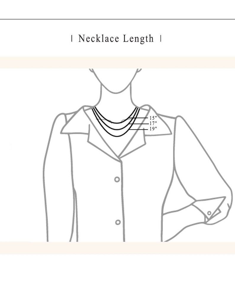 May include: A line drawing of a person wearing a shirt with three necklaces of different lengths. The necklaces are labelled 15", 17", and 19".