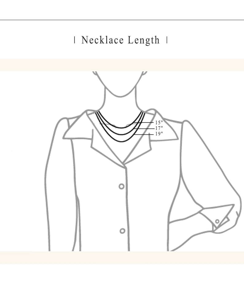 Puede incluir: Un dibujo de l&iacute;nea de una persona que lleva una camisa con tres collares de diferentes longitudes. Los collares est&aacute;n etiquetados como 15", 17" y 19".