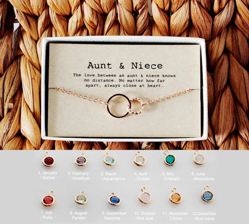 Gold chain necklace with interlocking circle pendant, wrapped in a gift box with message card for aunt and niece. 
Customers can personalize it by adding birthstones for aunt or niece. The most common comments about this necklace are dainty and cute!