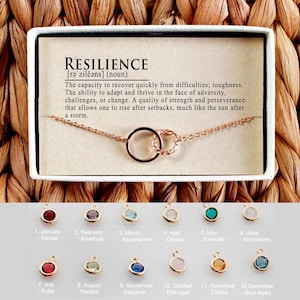 May include: A gold necklace with two interlocking circles, a charm bracelet with a variety of coloured gemstones, and a card with the word "RESILIENCE" and its definition. The card also lists the months of the year and corresponding gemstones.
