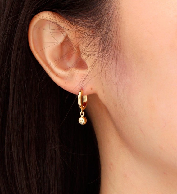 Tiny Ball Dangle Hoop Earrings in Sterling Silver Gold Ball