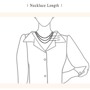 May include: A line drawing of a person wearing a shirt with three necklaces of different lengths. The necklaces are labeled 15", 17", and 19".