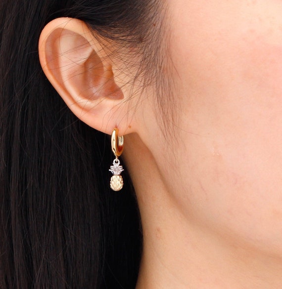 Dainty Pineapple Charm Earrings, Gold Huggie Hoops, Tiny dangle Earrings, Fruit Jewelry, Summer Earrings, Birthday Gift for Her