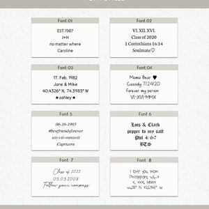 May include: A graphic showing 8 different font styles for engraving. Each font style is shown with a sample text, including dates, names, and phrases. The text "PLEASE SELECT A FONT AND LET US KNOW THE TEXT TO ENGRAVE." is at the bottom of the graphic.
