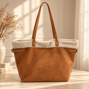 Op de afbeelding: Een bruine suède tote bag met een crèmekleurige sherpa fleece rand langs de bovenkant. De tas heeft twee lange bruine schouderbanden en smalle zijbanden met kleine zilverkleurige metalen gespen aan zowel de linker- als de rechterkant.